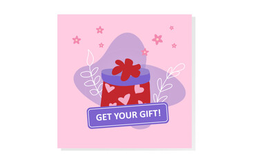 Cute heart gift box illustration with call to action button. Great for promotions, bonuses, and holiday marketing.