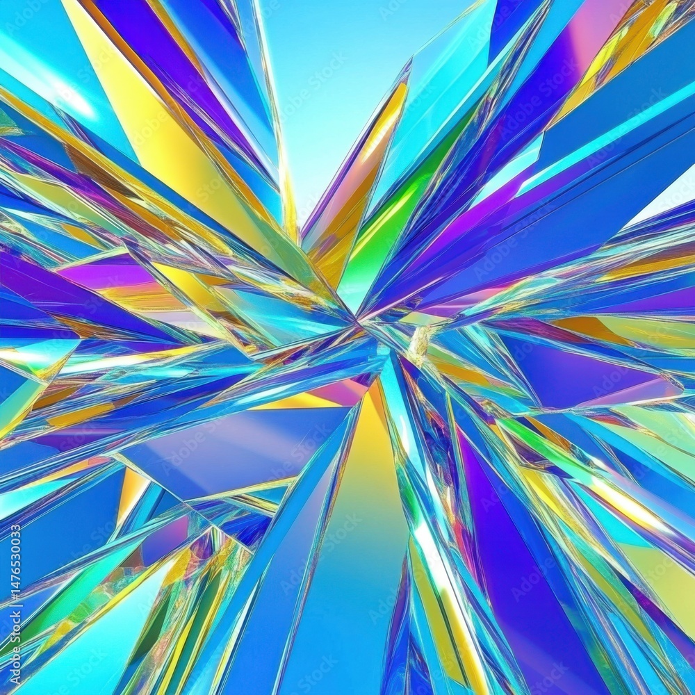 Poster abstract crystal shards explode outward in a vibrant display of color and light from a low angle per