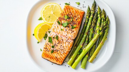 A salmon fillet with asparagus and sauce on a white plate.