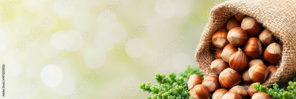 Poster abundant fresh hazelnuts spill from burlap sack on green bokeh background with copy space