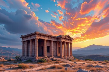 Obraz premium Ancient Stone Temple Ruins at Sunset with Dramatic Clouds and Mountains