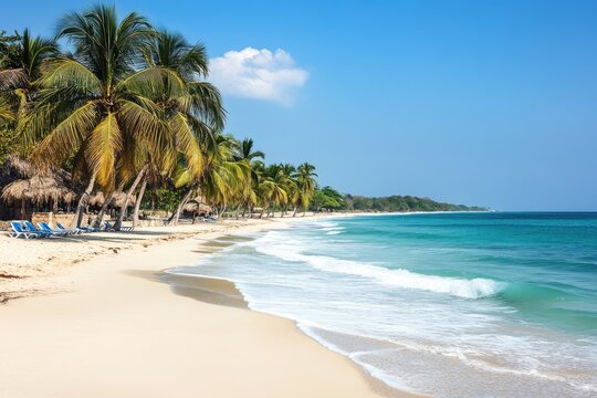 Tropical beach paradise.  Tranquil turquoise waters meet a pristine white sand beach, lined with palm trees and beach chairs