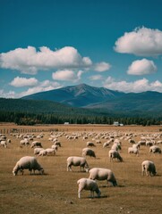 Obraz premium Sheep Grazing Peacefully Under a Bright Sky Near Rugged Mountains During a Sunny Day in the Countryside