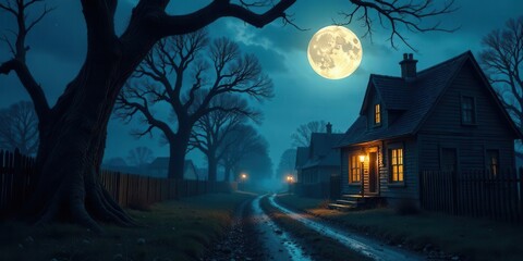 Fototapeta premium Enchanted Village Lane Under a Full Moon's Gleam, Illuminated by Soft Lamplight on a Misty Night