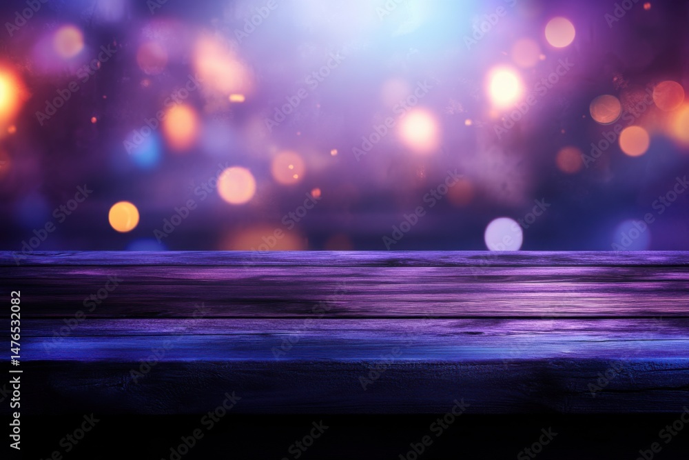 Poster purple bokeh background with wooden table surface for product placement studio shot abstract design