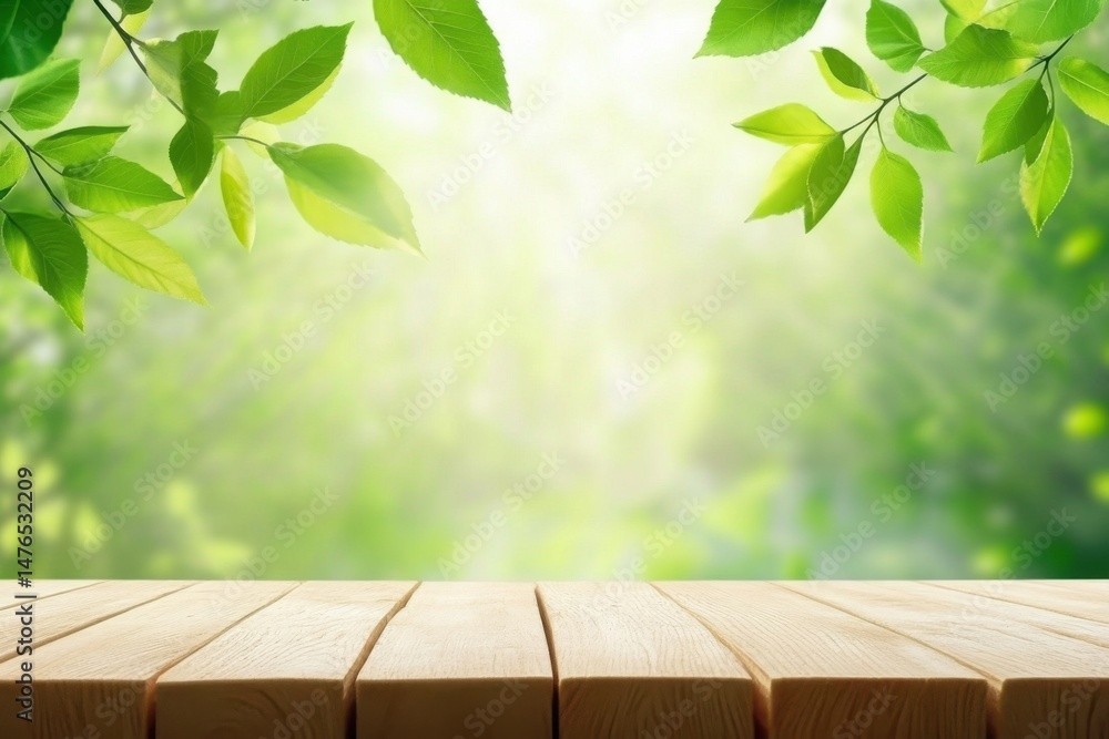 Poster wooden table mockup with green leaves and bokeh background for product display and nature themed des