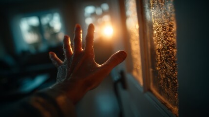 Hand reaching towards a rain-streaked window with sunlight shining through
