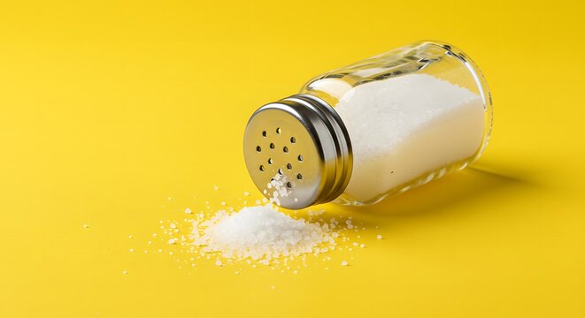 Salt shaker tipped over with spilled salt on vibrant yellow background, isolated. Ideal for culinary, kitchen, cooking, seasoning, food concept, and health-related visuals.