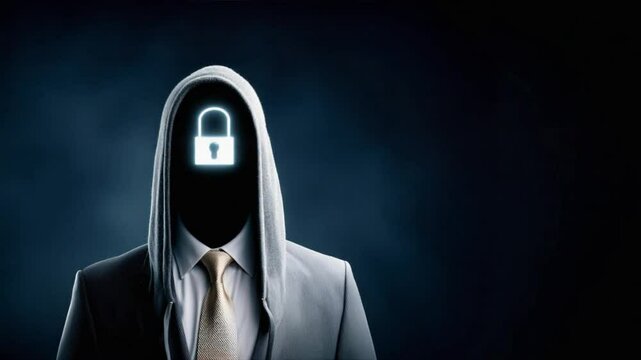 Businessman in suit with hoodie and glowing lock inside hood shows hidden cyber threats, symbolizing zero trust security, privacy, and secure identity control