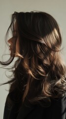 Beautiful model girl with Brown hair strand,silky healthy chestnut wavy hair strand,hair wavy ribbon, with smooth,Keratin straightening,Treatment,straight long hair,procedures,Smooth hairstyle.