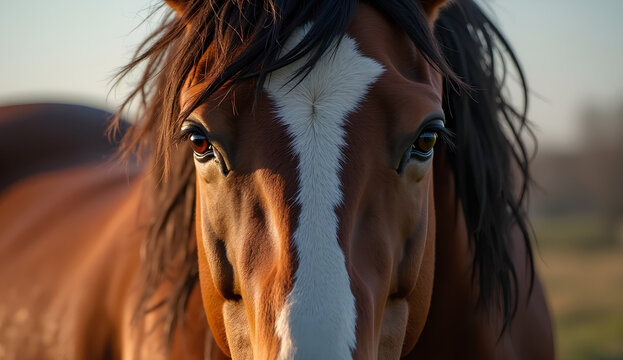 Close-Up of Brown Horse Face with White Marking - Powered by Adobe