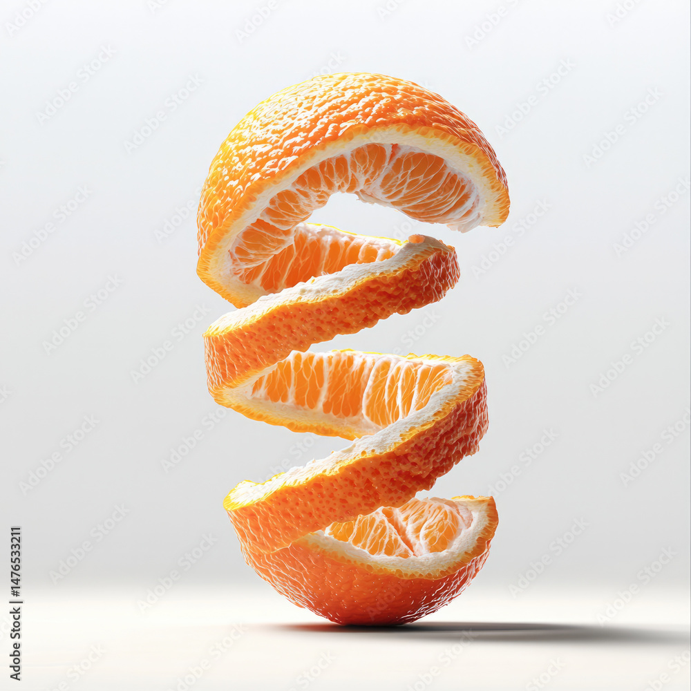 Poster sliced mandarin orange floating in spiral shape, fresh citrus fruit with vibrant color and juicy tex