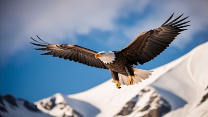 Fototapeta premium Title: Eagle Soaring Over Mountains, A bald eagle soaring high over snow-capped mountains under a bright blue sky, freedom and power 