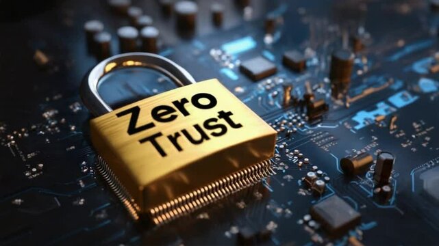 Golden padlock on circuit board with zero trust text in black shows digital protection strength for zero trust security, privacy, and secure systems