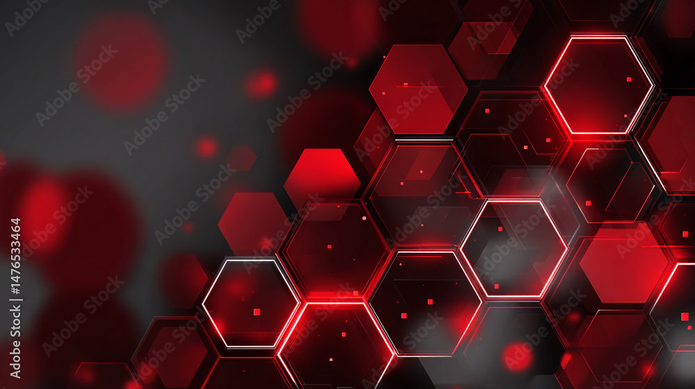 Poster dark hexagon grid with red accents, geometric hexagon pattern with red luminous edges
