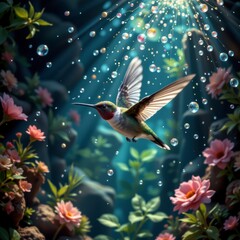 Fototapeta premium Hummingbird in Flight Among Pink Flowers and Bubbles