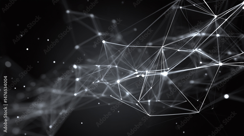 Poster network with glowing nodes and connections, abstract cosmic network of stars and geometric shapes in