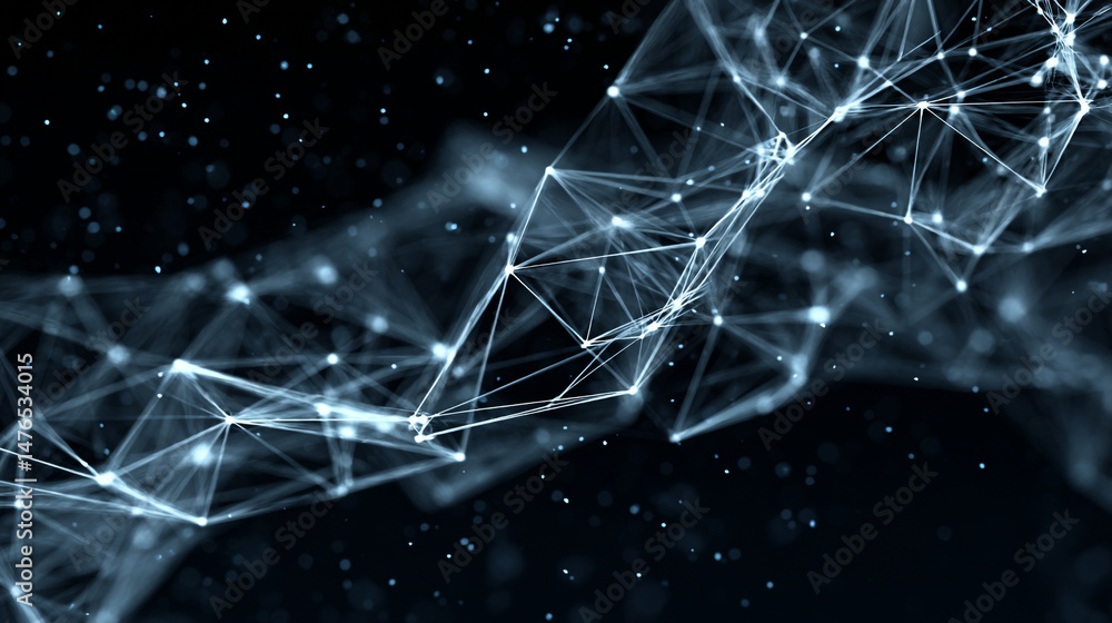 Poster network with glowing nodes and connections, abstract cosmic network of stars and geometric shapes in