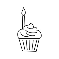 A frosted cupcake with a single candle on top. Perfect for representing birthday treats. Line Art Style Icon Illustration
