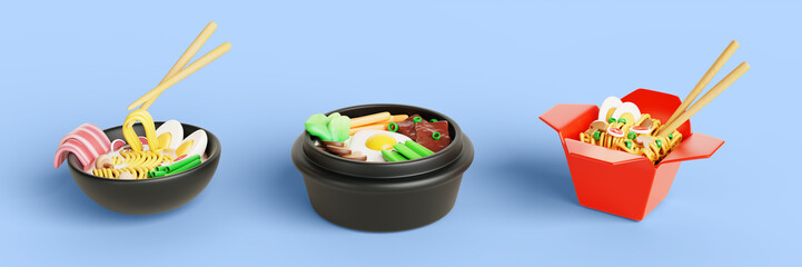 Asian traditional food set. Korean bibimbap with rice and egg in hot stone pot. Chinese wok noodle in red paper take away box. Japanese ramen soup with chopsticks in restaurant bowl. 3D illustration