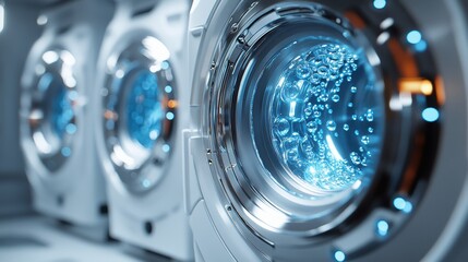 Interior with washing machine and soap bubbles,Vector realistic automatic washing machine with a front loading with blue soup bubbles,Realistic vector illustration,Home appliance concept.