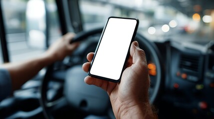 Trucker Using Smartphone Blank Screen Mobile App Driving Truck Transportation Logistics Delivery Driver Modern Technology Digital Device Road Trip    