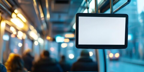 In a modern tram, a large empty display screen stands out amidst blurred silhouettes of commuters. Vibrant city lights flicker outside, capturing the dynamic essence of urban transit