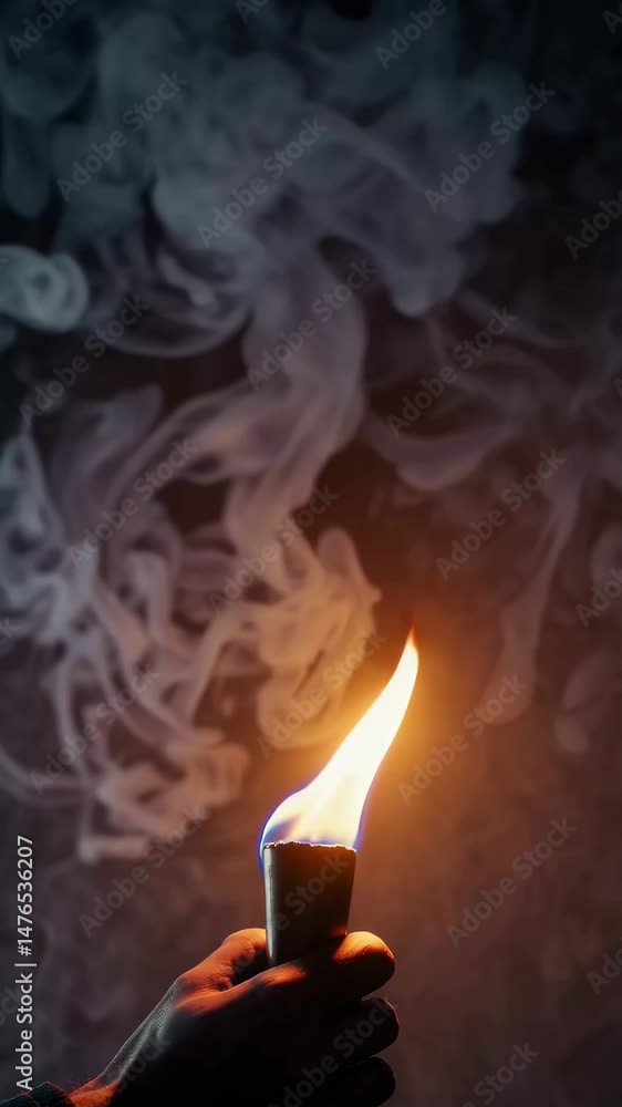 Poster handheld torch flame with rising smoke creating dramatic shadows and movement