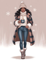 Woman in winter coat, hat and boots holding snowflake mug with hot drink.