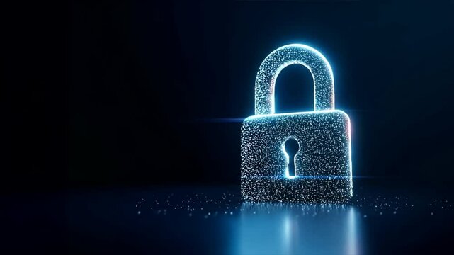 Glowing lock symbol on dark blue background stands for cyber safety in zero trust security, privacy defense, and secure digital control