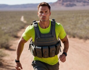 Athletic Caucasian male running with a weighted vest in a rugged outdoor setting, determined expression.