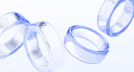 Abstract 3d background with glass liquid transparent circle rings flying in air. Water geometric shapes with blue light refraction gradient. Render crystal or plastic falling objects. 3D illustration