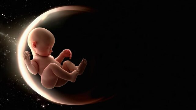 Tiny baby inside woman womb glowing on black background, life beginnings, Pregnancy Ultrasound, Sonography, 3D Ultrasound theme in early development