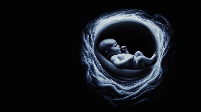 Baby curled in mother womb on dark background, peaceful prenatal moment, Pregnancy Ultrasound, Sonography, 3D Ultrasound for maternity concept
