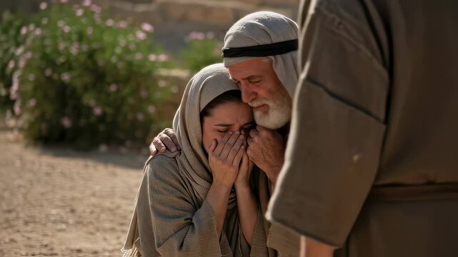 Biblical Times, Man Comforting Woman, Apostle and Mary, Good Friday. Ancient People of the Near East	