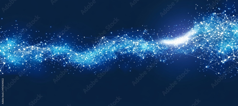 Poster abstract wave of blue particles, lines, and connections on dark background - data visualization