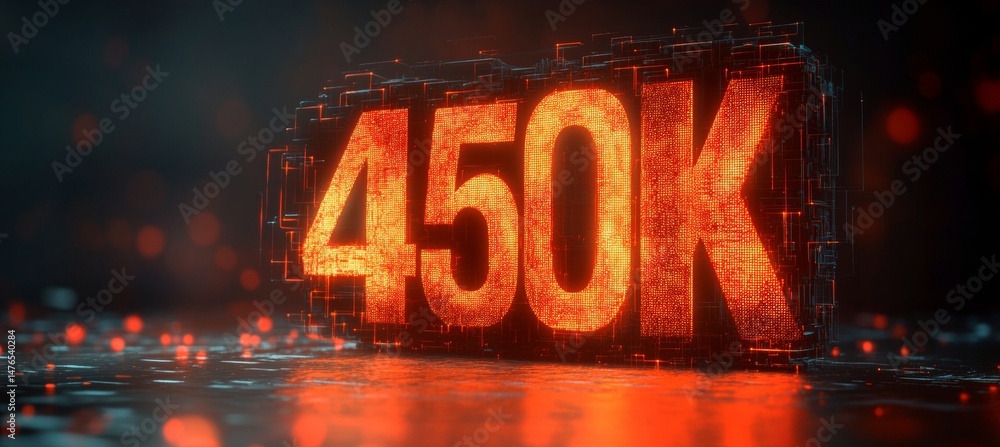 Poster glowing neon digital number 450k in futuristic cyber space style on digital circuit background.