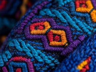 Vibrant Colorful Textile Pattern Detailed Macro Shot Intricate Embroidery Bohemian Style Rich