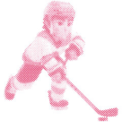Ice Hockey Player cartoon Shooting the Puck with Hockey Stick in modern retro halftone