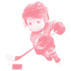 Ice Hockey Player cartoon Shooting the Puck with Hockey Stick in modern retro halftone