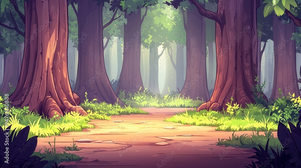 Poster nature conservation, world environment day concept. serene forest path with towering trees and soft 