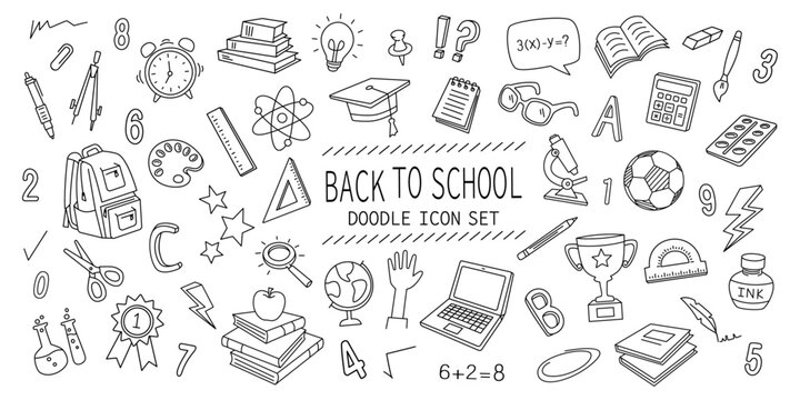 Back to school doodle line icon set isolated on white background. Hand drawn education doodles school sketch vector elements. Editable stroke.