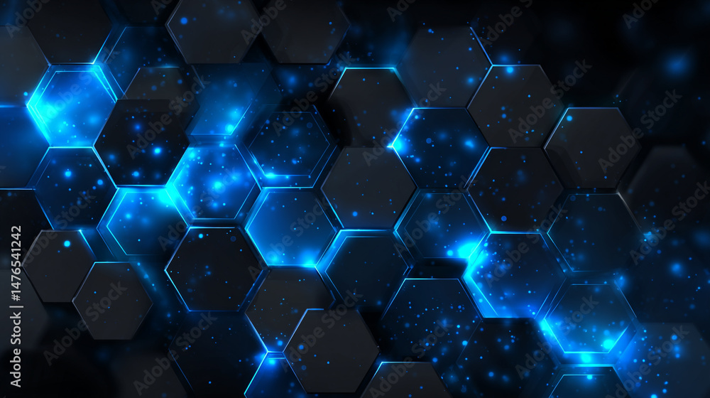 Aufkleber stylish blue background with hexagons and rectangles for design, digital neon light colorful hexagon