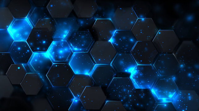 Stylish Blue background with hexagons and rectangles for design, digital neon light colorful hexagon pattern technology background.