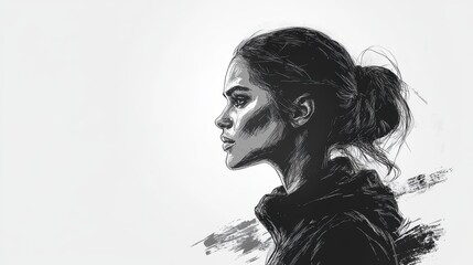 Grayscale sportswear sketch on female model side view,white studio backdrop,technical drawing style,space for text.
