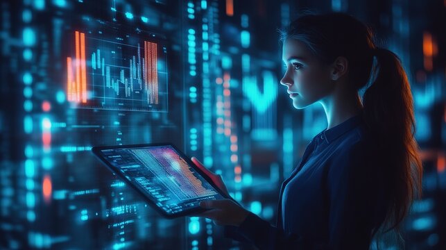 Smart city entrepreneur viewing a virtual bar graph on a holographic tablet, advanced AI-driven business 