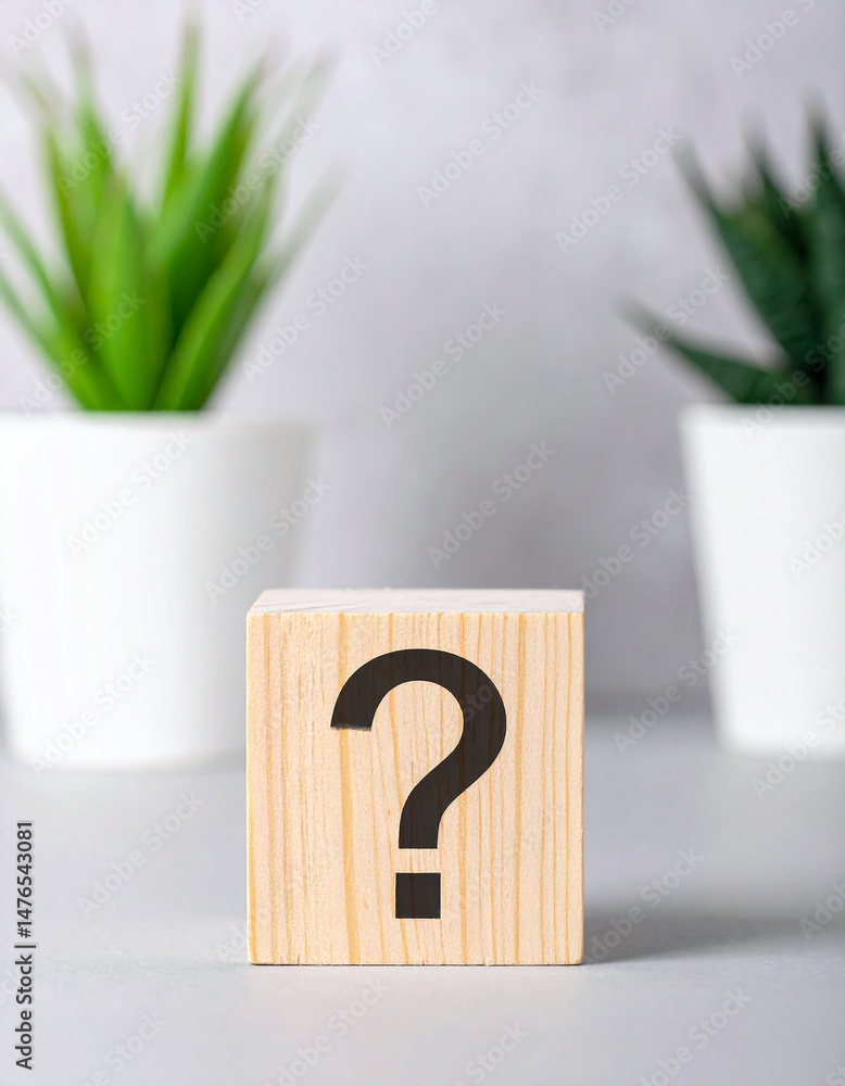 Poster wooden block with question mark, green plants on backdrop. faq and qa. problem solution.