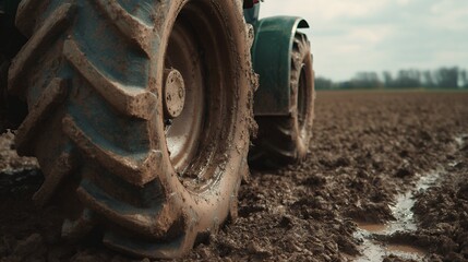A dirty tire on a tractor. The tire is black and has mud on it. The tractor is in a field