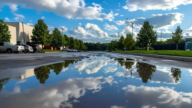 Sky reflection in a puddle after rain near a parking lot with cars and trees.