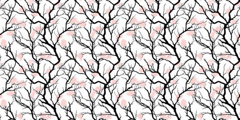 Bare Branch Floral Pattern: An elegant and minimalist pattern showcasing delicate black branches adorned with soft pink blossoms against a white background.